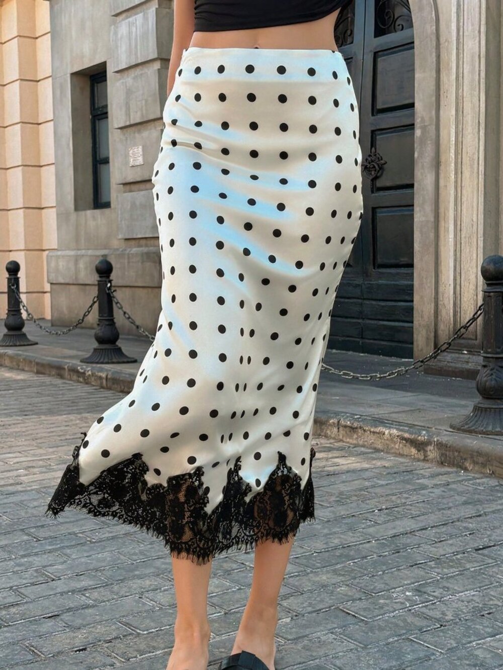 Apricot Casual Women's Polka Dot Contrast Lace Contrast Color Elegant Skirt - Picture 7 of 9